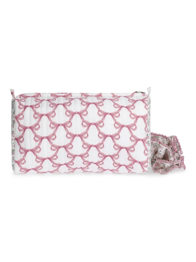 No Boundaries Women's Quilted Pouch and Hair Scrunchie Set, 2-Piece, Pink Jubilee Bow/Floral | Walmart (US)