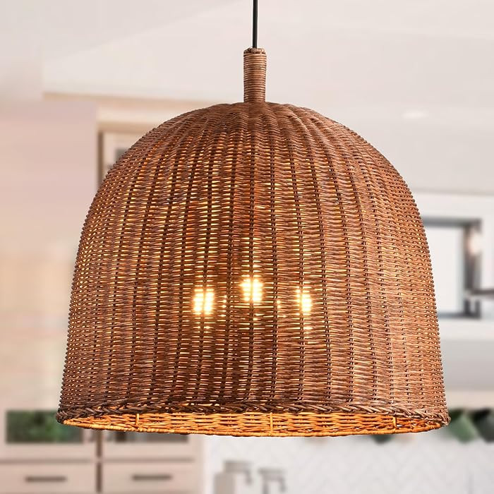 HUEHENGHAO Dark Brown Rattan Pendant Light, 3-Light Large Woven Pendant Hanging Light Natural Bas... | Amazon (US)