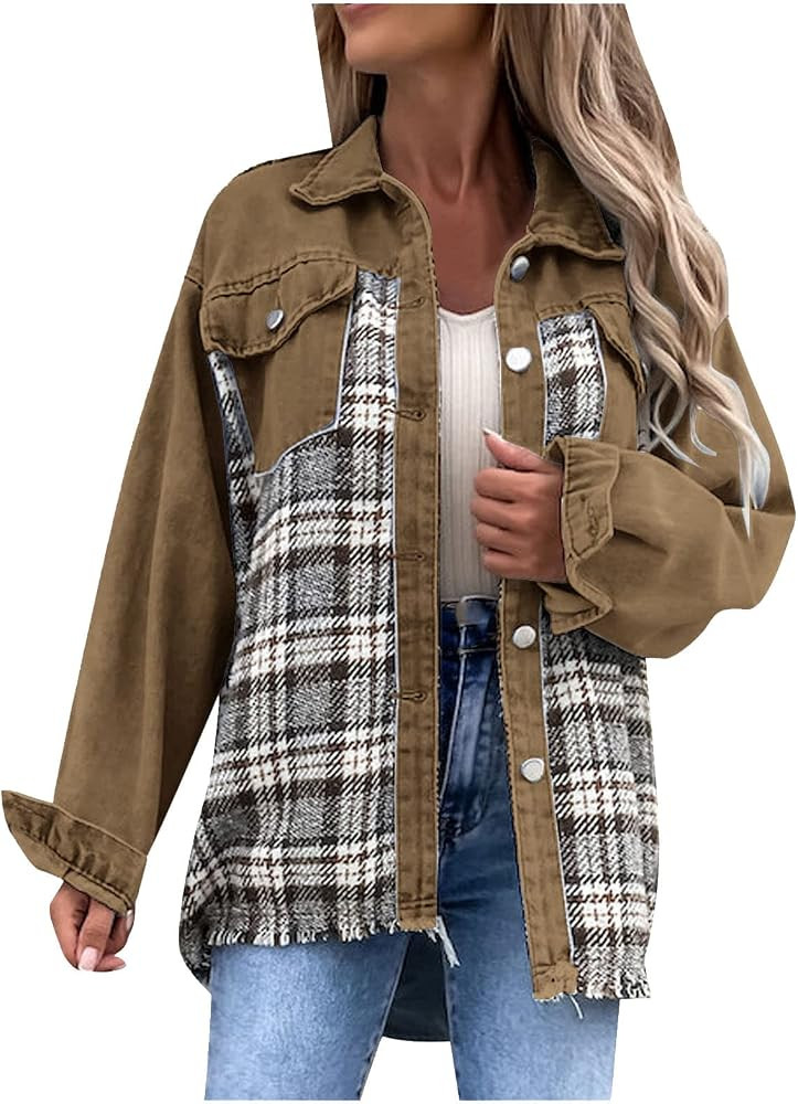 Fall Fashion Denim Jacket For Women 2023 Casual Long Sleeve Plaid Button Down Jean Shirts Shacket... | Amazon (US)