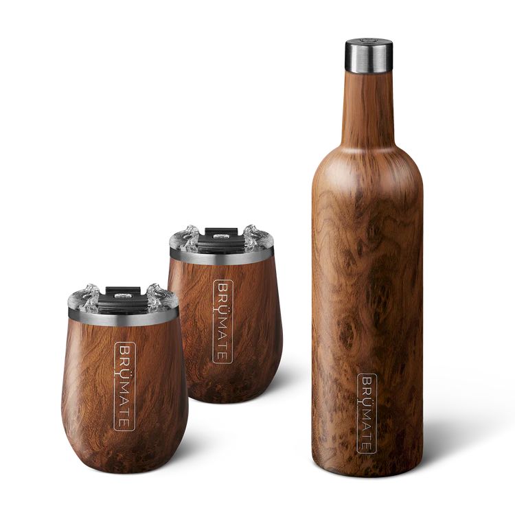 Insulated Wine Bottle + 2 Wine Tumblers - Walnut | BruMate