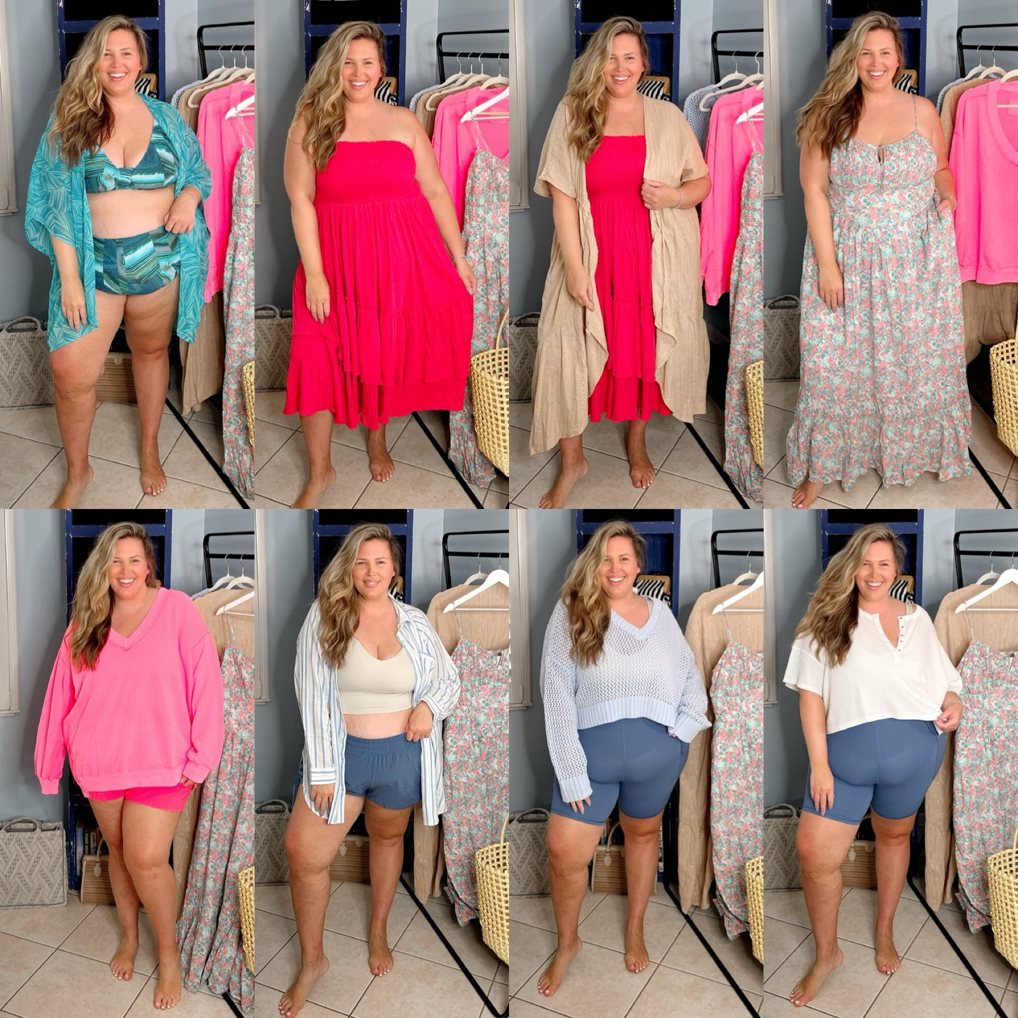 Aerie XXL Try-On! As a reminder, I am typically a size 18/20 and I’m wearing an XXL in everything here! Love this O/S chiffon cape! Size 20 in bikini from Nordstrom. The solid dress was perfect, but the floral dress fit a little off in my bust — other than that I loved it and wore it without a bra! I really wanted to love the shorter pink and blue shorts but the fit just wasn't quite right for my body. These longer blue bike shorts are hands down the best I’ve found to date, they don’t roll up! All these tops were super comfy and cute!

Undergarments: for anything spanx you can use my discount code ASHLEYDXSPANX !!

#LTKSeasonal #LTKPlusSize #LTKMidsize
