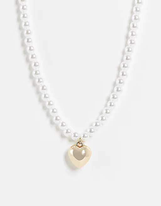 ASOS DESIGN necklace with pearl and puff heart charm in gold tone | ASOS (Global)
