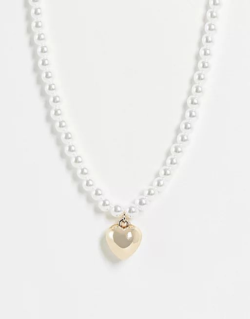 ASOS DESIGN necklace with pearl and puff heart charm in gold tone | ASOS (Global)