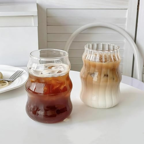 2 Pcs Cute Ribbed Glass Cups, 18 oz Aesthetic Drinking Glasses for Coffee, Iced Drinks, Matcha - Vintage Design Glassware | Amazon (US)