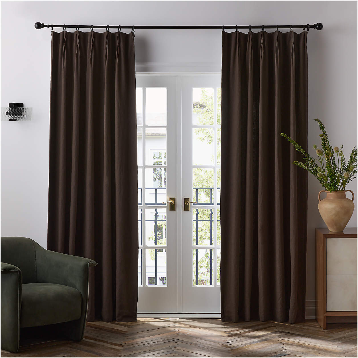 French Pleat Deep Brown Linen Blend Blackout Window Curtain Panel 48"x108" by Jeremiah Brent | Cr... | Crate & Barrel