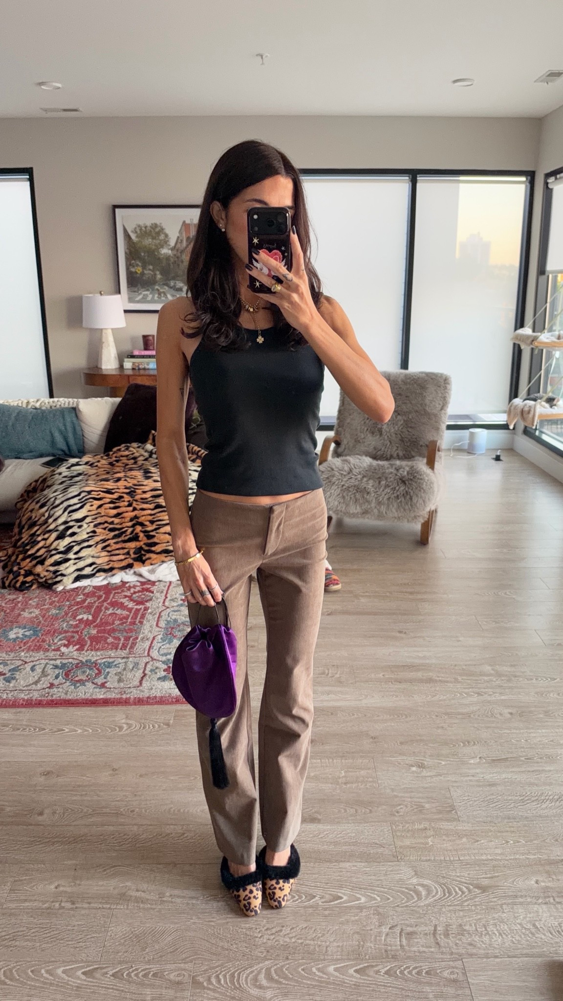 Fall dinner outfit! Tank top is from Brandy Melville, I linked similar. I got a size 0 in the pants! Shoes are old larroude & bag is pochette! Linked diff fun pouch bags