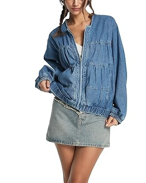 D-Sun Women Denim Bomber Jacket Casual Crewneck Long Sleeves Zip Collarless Cropped Jean Shirt Ja... | Amazon (US)