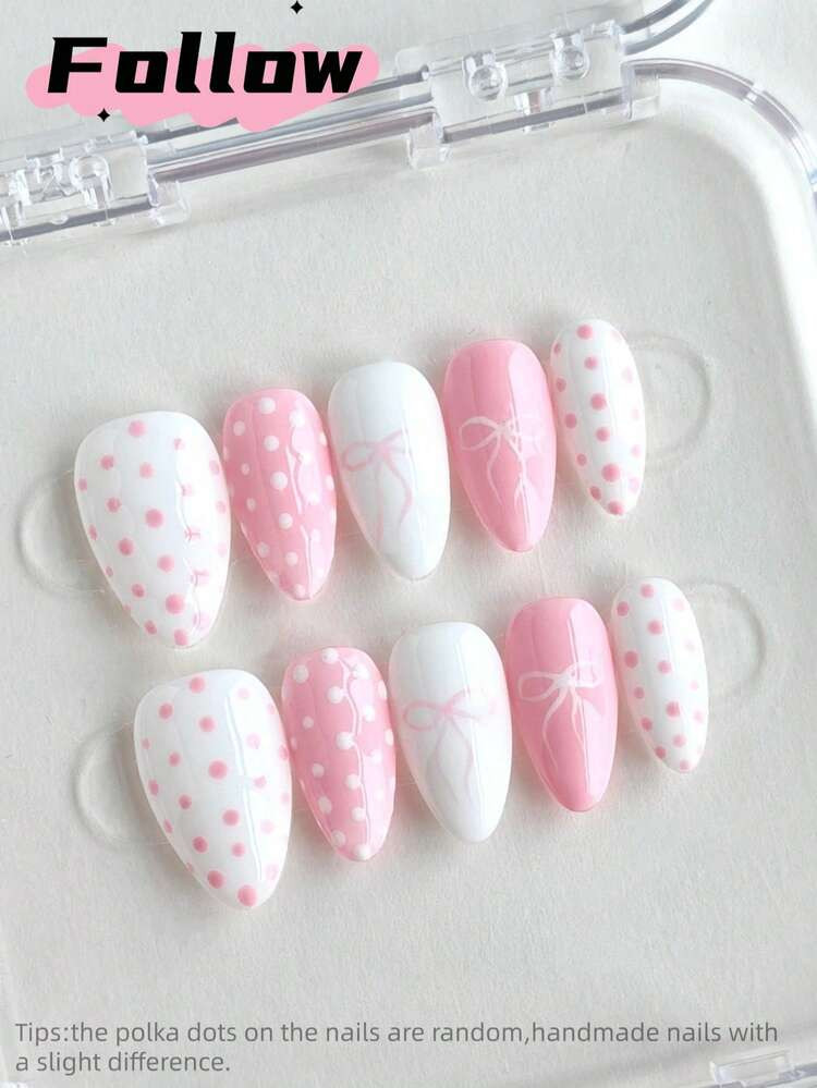 10pcs/Pack Short Almond-Shaped Handmade Press-On Nail Stickers, Available In Pink & White, Sweet Style With Polka Dot Pattern, Hand-Painted Bow, Cute & Versatile, Nail Art Supplies, Christmas Theme, Suitable For Parties, Celebrations, Daily Wear, Includes Tools, Ideal Gift For Women And Girls Nails Handmade Press On Nails | SHEIN