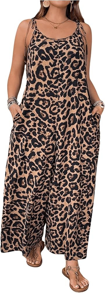 OYOANGLE Women's Plus Size Leopard Print Tie Shoulder Jumpsuits Long Pants Romper with Pocket | Amazon (US)