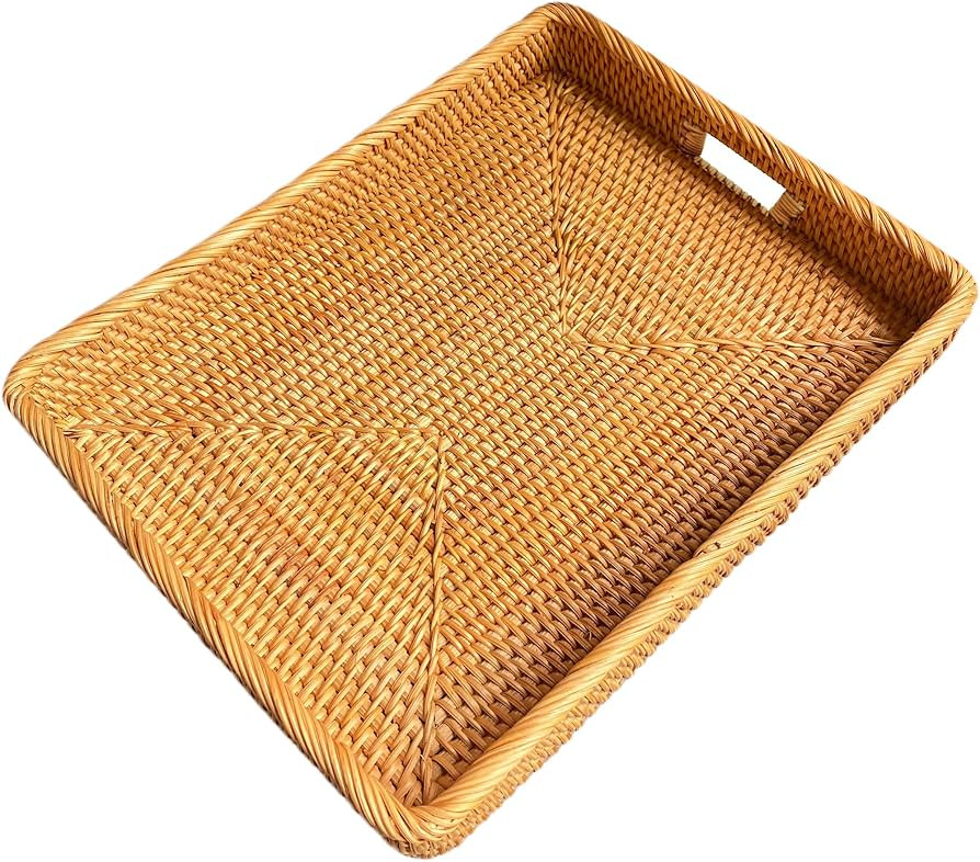 i-lan 17Inch Large Rectangle Rattan Serving Tray with Handles-Natural Wicker Breakfast Coffee Dri... | Amazon (US)