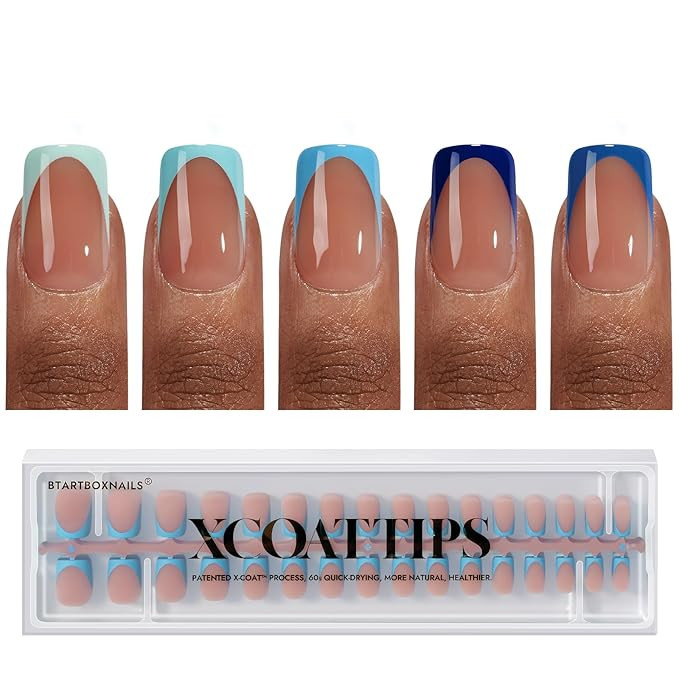 BTArtboxnails XCOATTIPS French Tip Press On Nails - Blue Press On Nails Short, Square Fake Nail T... | Amazon (US)