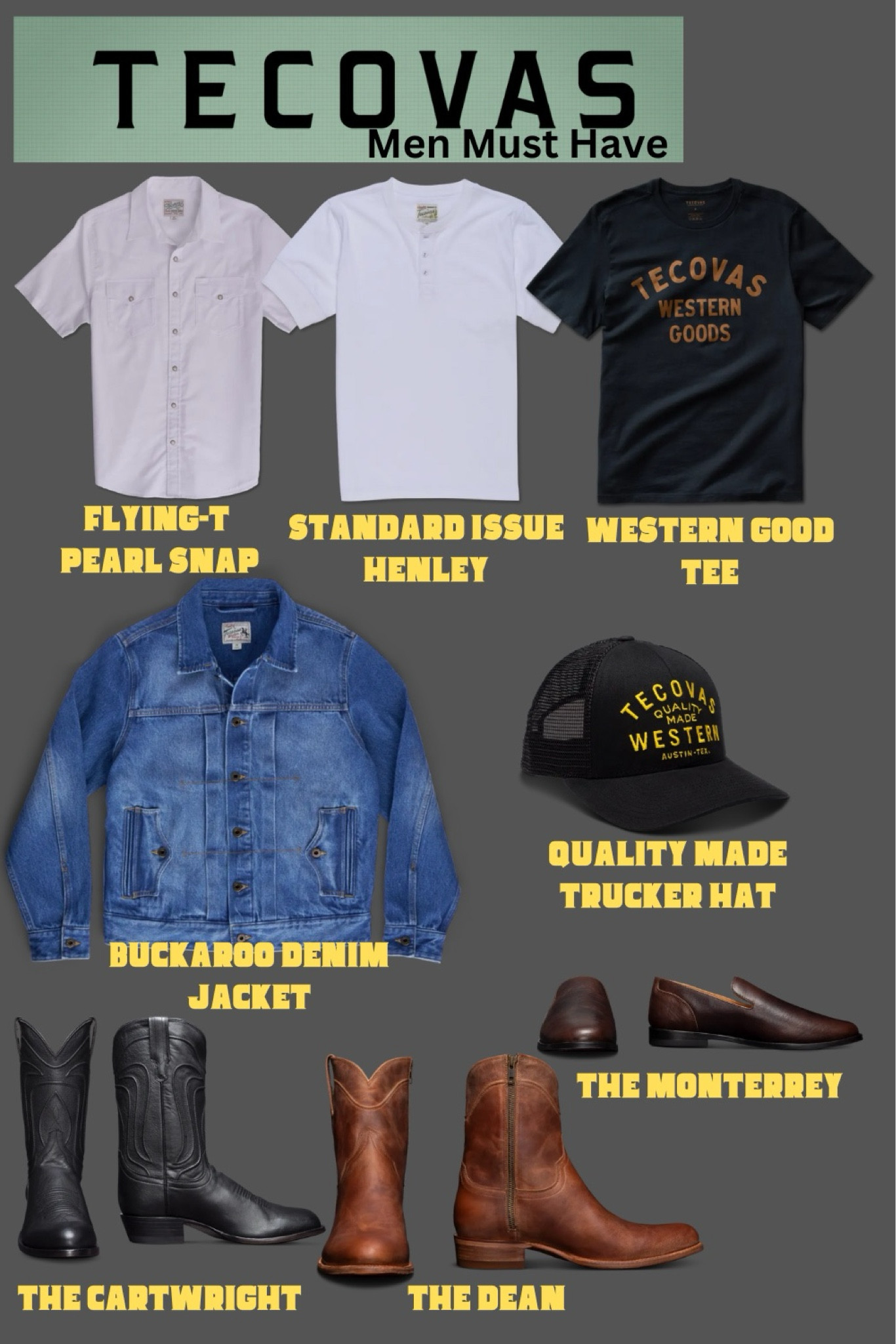 Tecovas quality is unlike any other. These are some of my favorite pieces . First the flying-t shirt with pearl snap buttons is the perfect shirt for warm days. It breaths but also looks good, the pearl snaps give it that luxurious touch. The standard Henley is the first shirt for anyday. It’s made from high quality material and the attention to small details make it an instant must have. The simple western goods Tecovas tee is a great t-shirt for everyday life. The buckaroo denim jacket is one of the pieces that will last a lifetime. The attention to detail is extraordinary  and it’s made from American denim.  A simple trucker hat in black can never go out of style. Tecovas boots are the best out there I believe. These are my favorite three pair of shoes but they have so many different styles and leathers. #tecovas #cowboyboots #western #cowboy #countrystyle #cowboystyle #slipons #fishingoutfit #westerngoods #tecovasmen #mensfallstyle #falloutfit #menootd

#LTKMens #LTKShoeCrush #LTKWorkwear