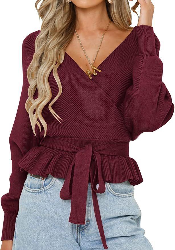 ZESICA Women's Wrap V Neck Long Batwing Sleeve Belted Waist Ruffle Knitted Sweater Pullover Top | Amazon (US)