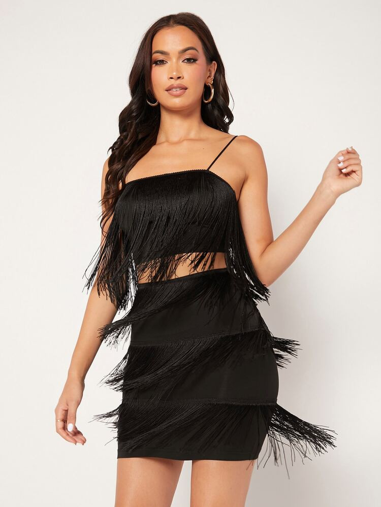 SHEIN Fringe Trim Cami Top & Skirt | SHEIN