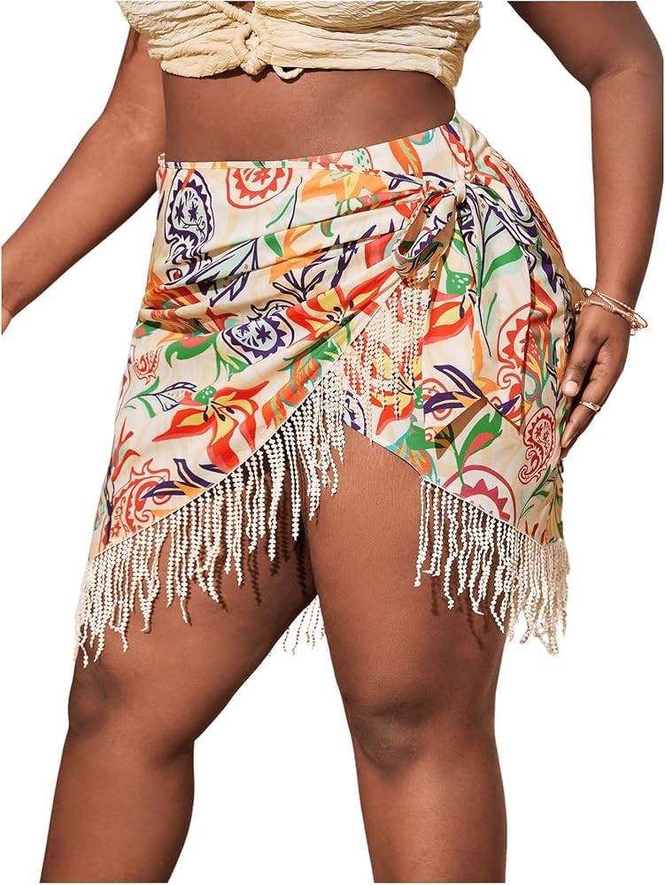 MakeMeChic Women's Floral Tie Side Wrap Tassel Mini Skirt Cover Up Beach Skirt | Amazon (US)