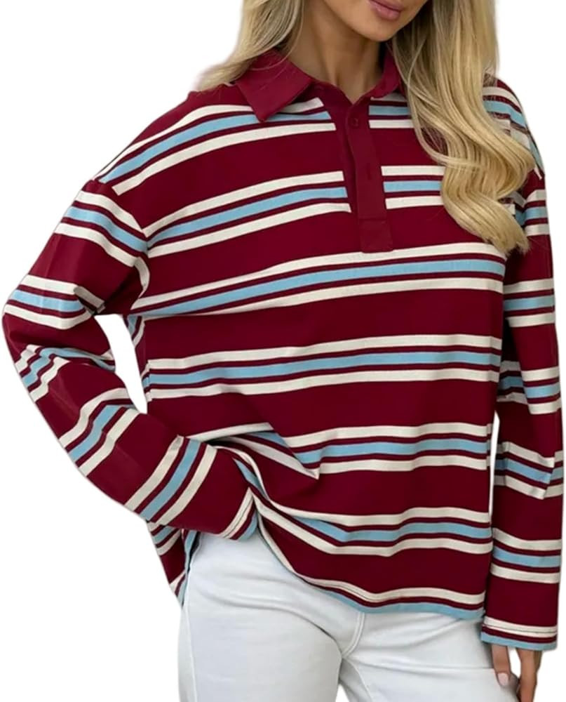 Perbai Women's Rugby Striped Polo Shirt Casual Collared V Neck Button Long Sleeve Y2k Sweatshirt ... | Amazon (US)
