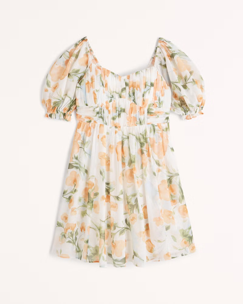 Ruched Ruffle Puff Sleeve Mini Dress | Spring 2023 Outfits | Spring 2023 Fashion | Beach Dress | Abercrombie & Fitch (US)