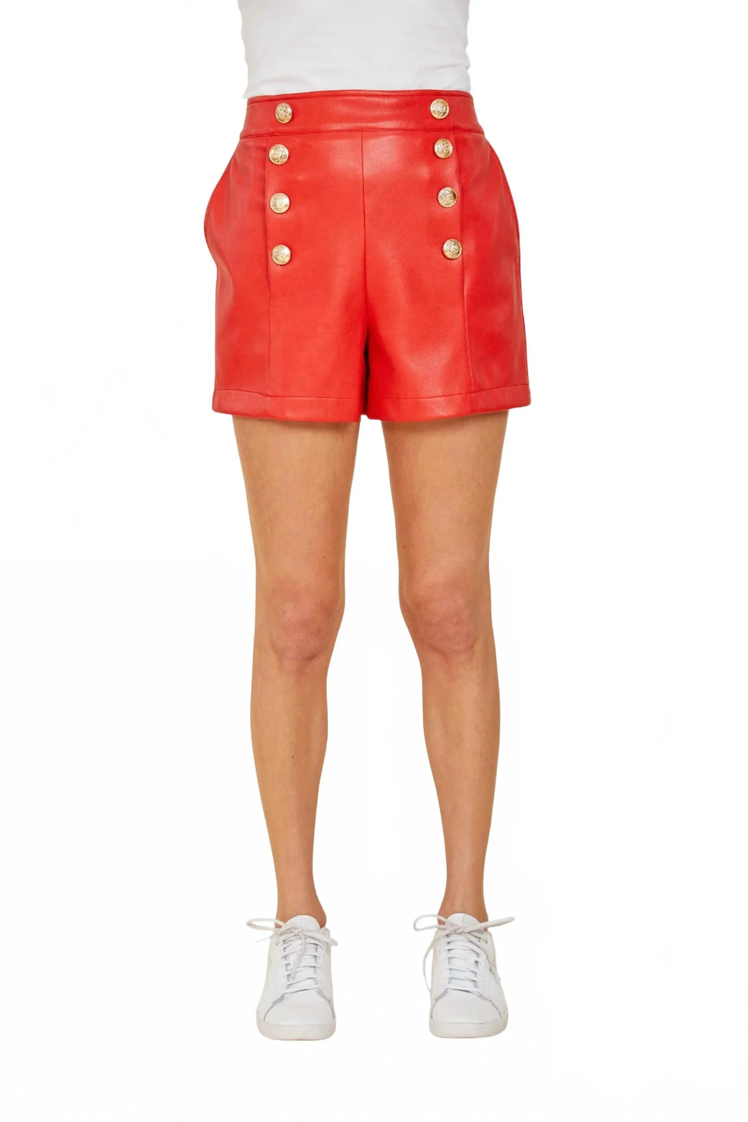 Vegan Leather Shorts With Buttons In Red | Shop Simon