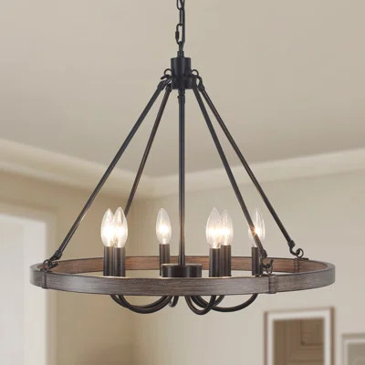 6 - Light 23.6" Dimmable Farmhouse Rustic Candle Style Wagon Wheel Chandelier Round Rustic Foyer Chandeliers For Barn, Kitchen Island, Entry, Living R | Wayfair North America