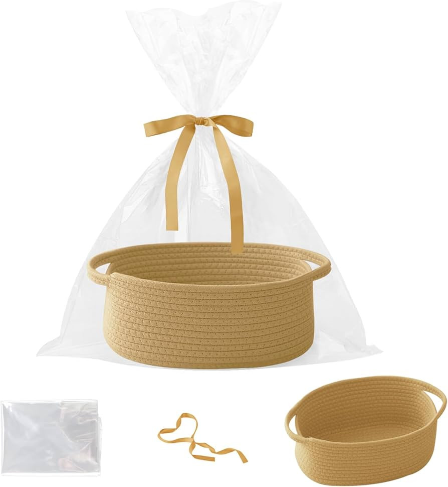 Small Woven Rope Basket-Empty Gifts Basket with Bag and Ribbons,Cute Handle Organizer Box for Bir... | Amazon (US)