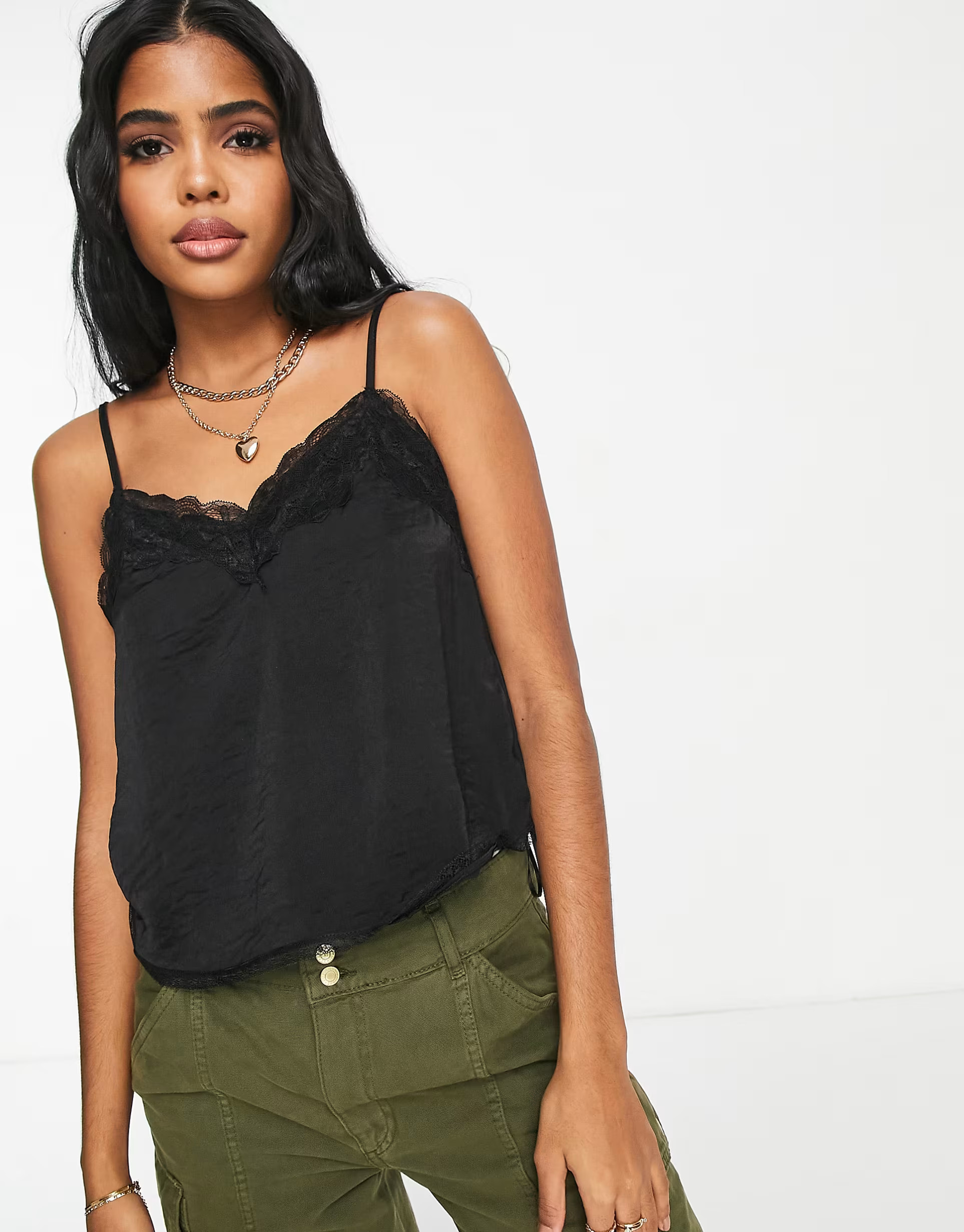 Stradivarius lace detail satin cami in black | ASOS (Global)