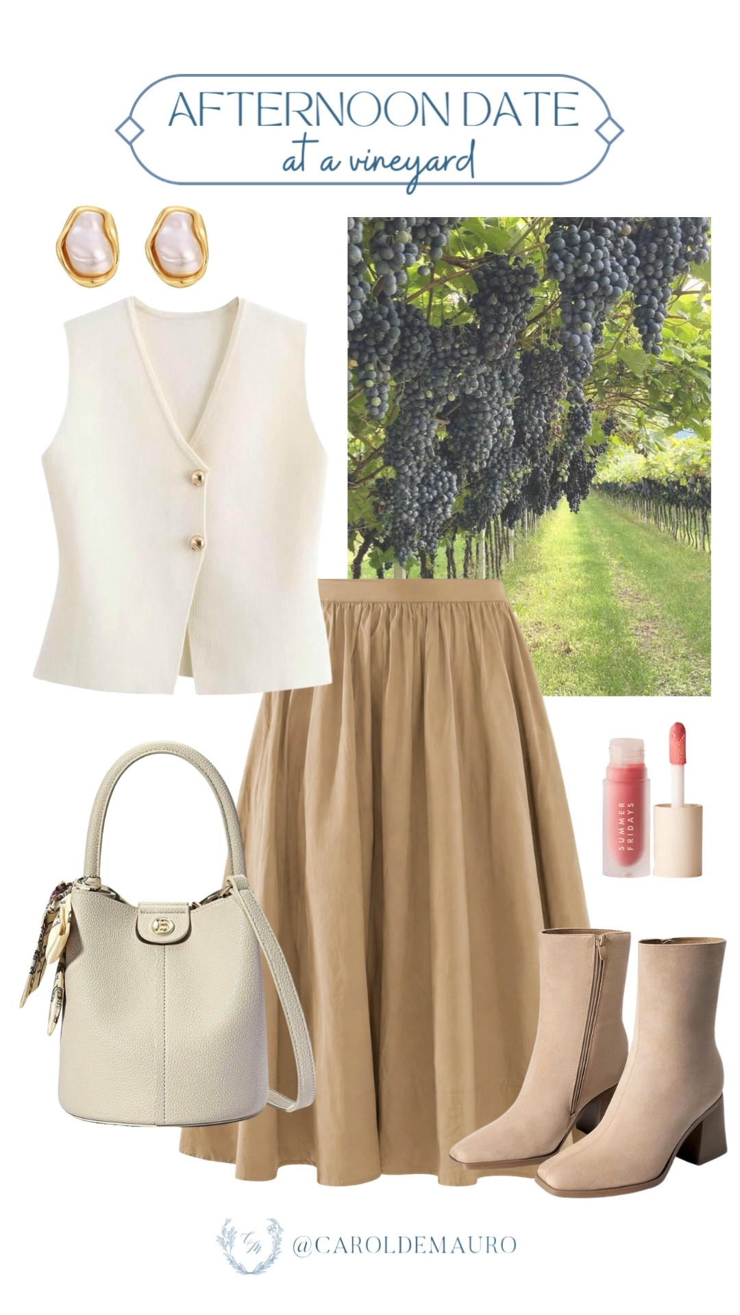 afternoon date, vineyard date, summer outfit, old money look, neutral outfit, feminine look, chic outfit, white vest top, camel midi skirt, square toe boots, bucket bag, pearl earrings, amazon fashion, petite fashion, modest look

#LTKootd #LTKPetite #LTKU