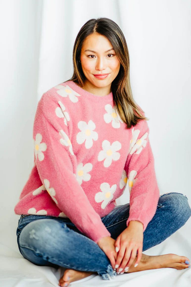Simply Southern Fuzzy Daisy Print Crewneck Sweater for Women in Pink | Glik's