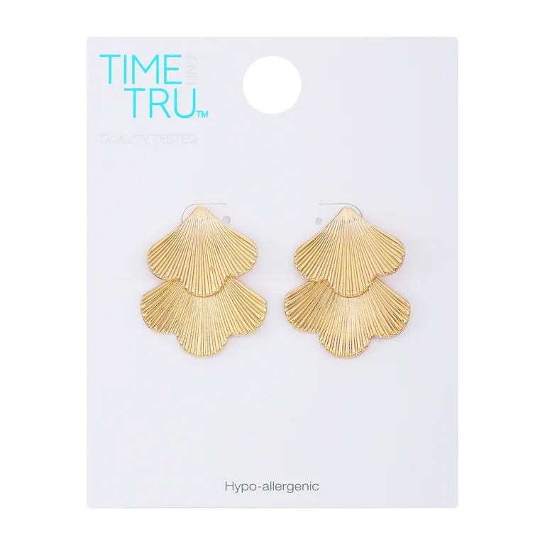 Time and Tru Women's Gold Tone Modern Textured Double Fan Art Deco Style Casting Drop Post Earrin... | Walmart (US)