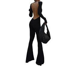 Women Sexy Backless Jumpsuit Elegant Long Sleeve Straight Wide Leg Pants Clubwear Romper Knitted ... | Amazon (US)
