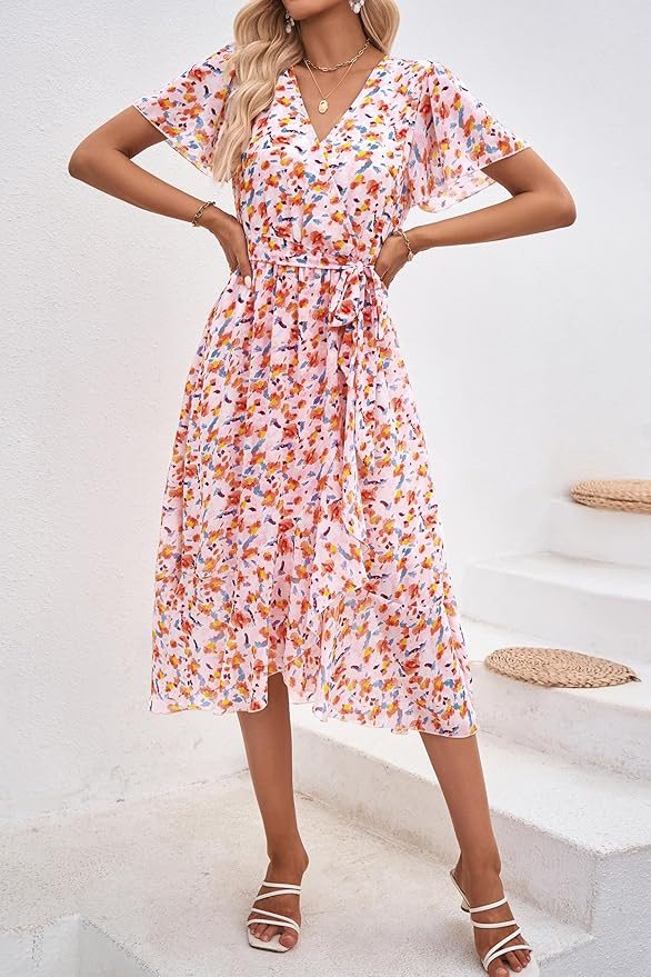 PRETTYGARDEN Women's 2024 Floral Boho Dress Wrap V Neck Short Sleeve Belted Ruffle Hem A-Line Flo... | Amazon (US)