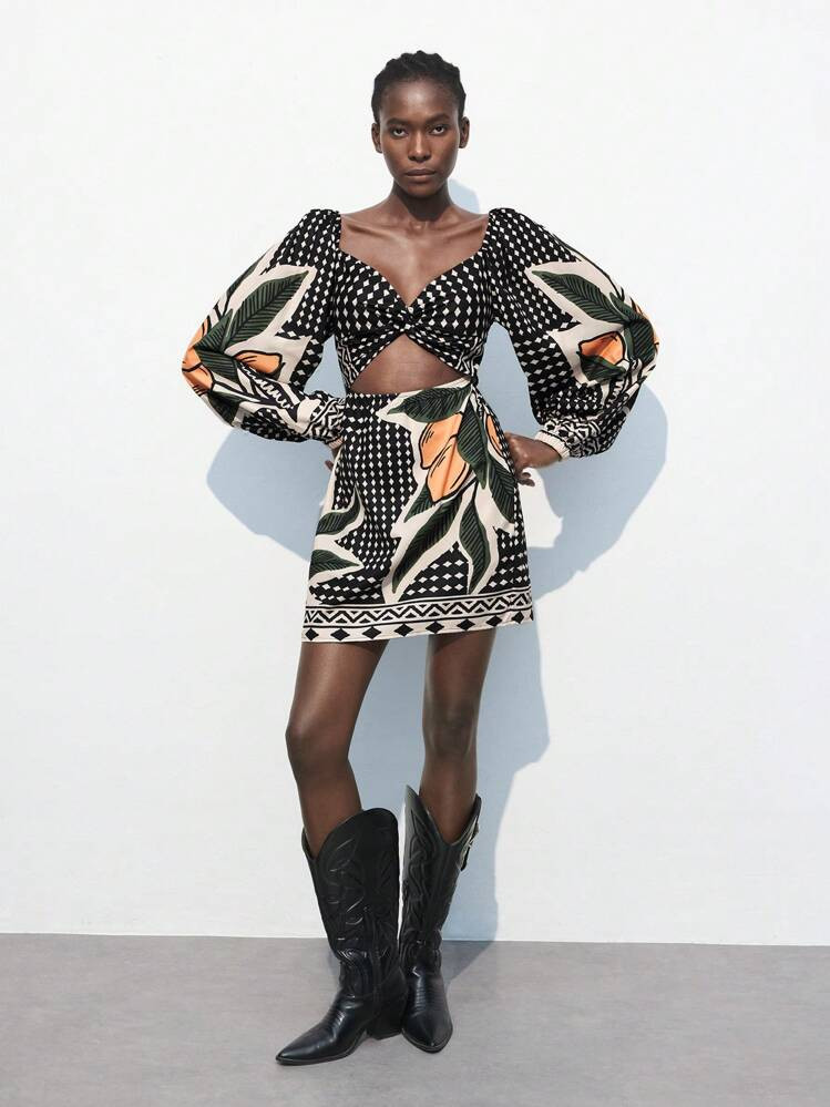 Maija Flower Print Long Sleeve Twist Hollow Out Women's Mini Dress, Casual Vacation Beach | SHEIN