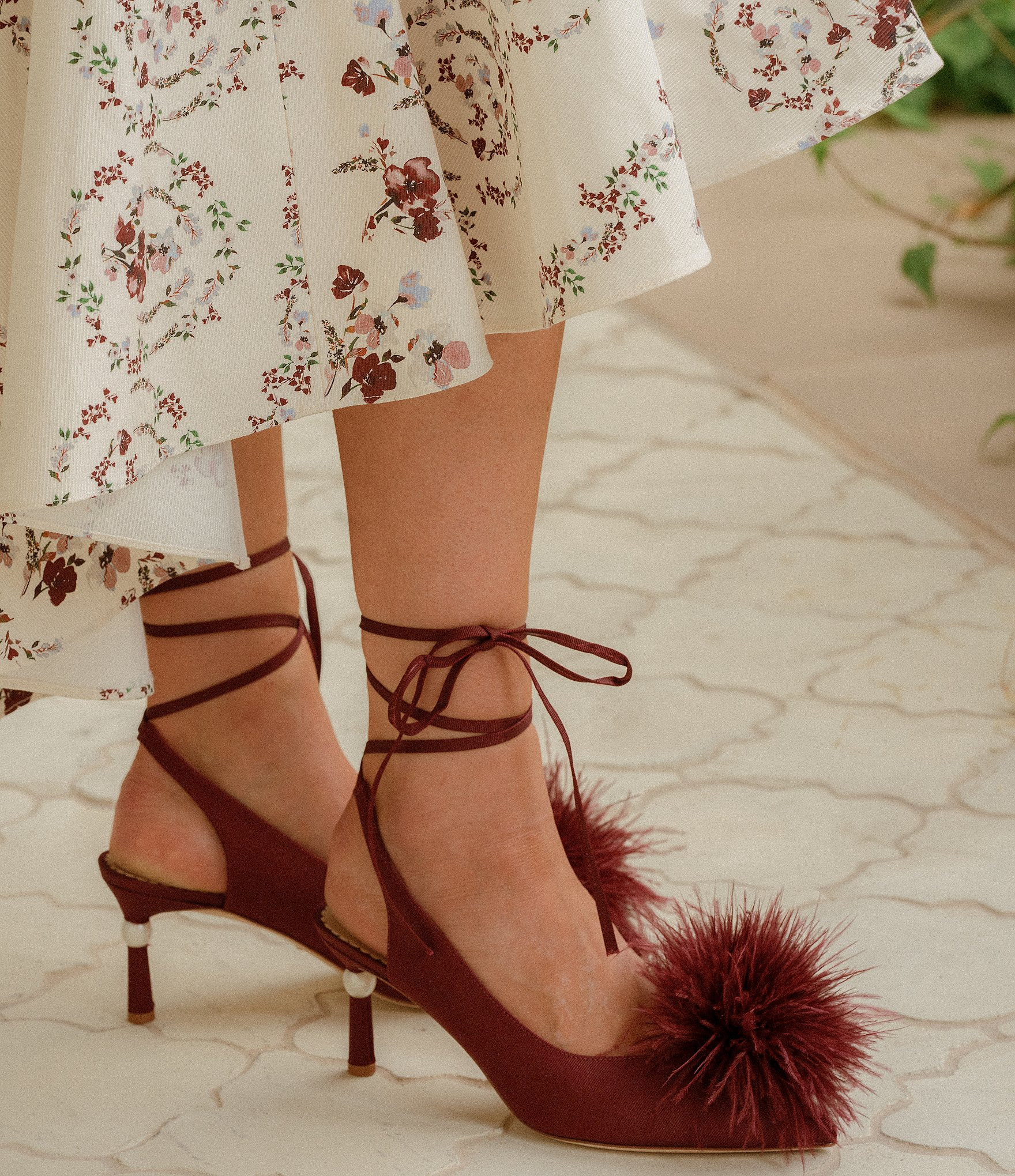 x Nicola Bathie Claire Ostrich Feather Pom Ankle Wrap Satin Fabric Pearl Detailing Pumps | Dillard's