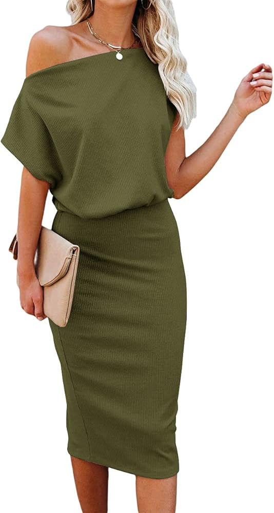 Ezbelle Women's Off The Shoulder Short Sleeve Ribbed Casual Party Bodycon Midi Dress | Amazon (US)
