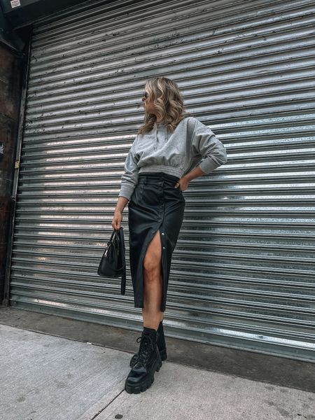 Grey cropped sweatshirt, faux black leather skirt with adjustable button slit, Celine Nano bag, Prada monolith mini boots

#LTKitbag #LTKstyletip #LTKshoecrush