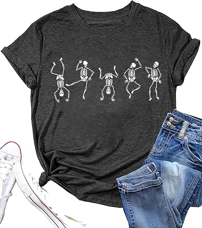 Dancing Skeleton Shirt Women Halloween Skull Tshirt Funny Skeletons Graphic Tee Fall Casual Novel... | Amazon (US)