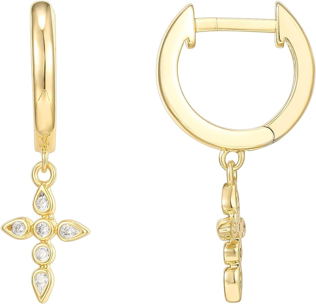 PAVOI 14K Gold Plated Sterling Silver Posts Cross Earrings for Women | Small Religious Faith Cubi... | Amazon (US)