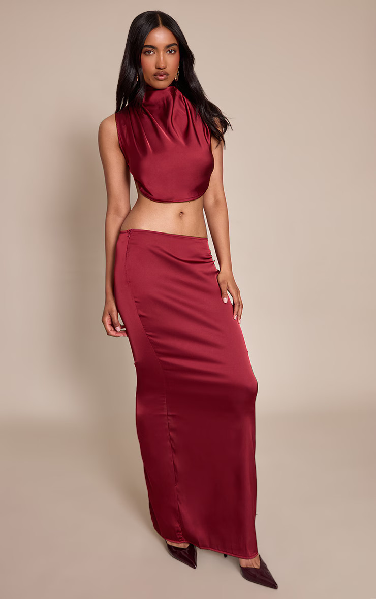 Burgundy Satin Maxi Mid Rise Skirt | PrettyLittleThing UK
