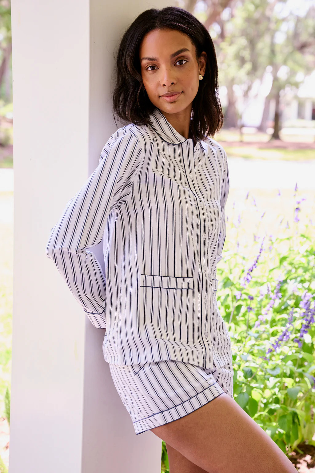 Poplin Piped Shorts Set in Navy Ticking Stripe | Lake Pajamas