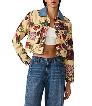 Steve Madden Caelan Floral Print Mixed Media Point Collar Long Sleeve Coordinating Cropped Jacket -  S | Dillard's