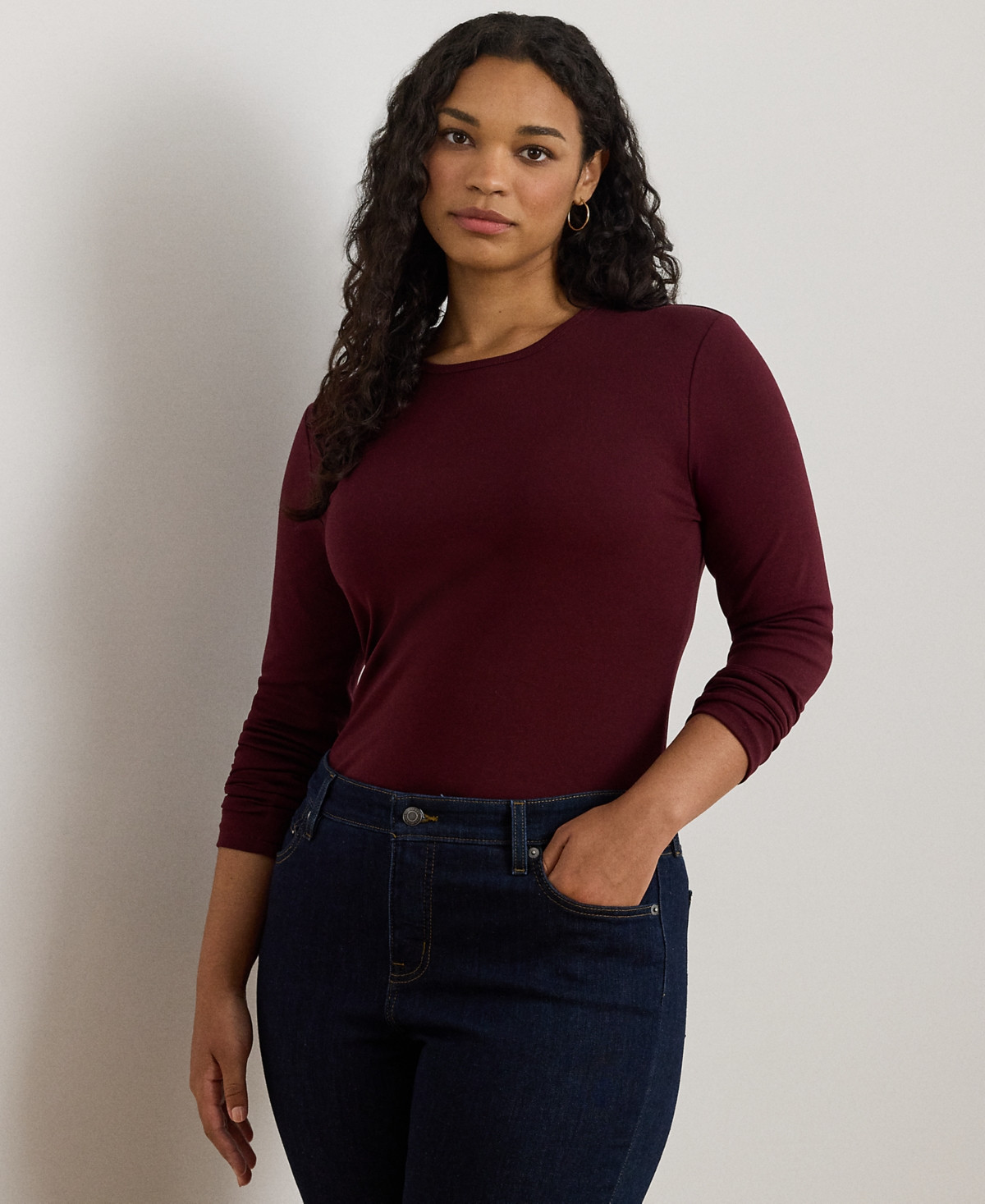 Lauren Ralph Lauren Stretch Long Sleeve T-Shirt - Dark Garnet | Macy's