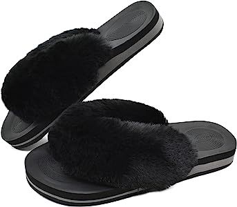 COFACE Womens Fuzzy Slides Fluffy Faux Fur House Slippers Open Toe Slip On Sandals Cozy Soft Yoga... | Amazon (US)