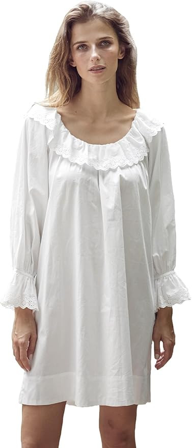 BEAUTELICATE 100% Cotton Women Renaissance Peasant NightGown Shirt Ruffled Sleeve Round Collar wi... | Amazon (US)