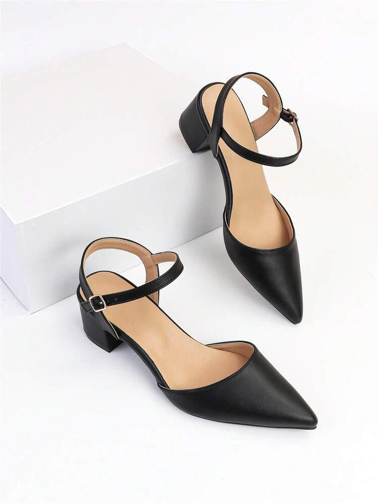 Fall/Winter 2025 Women Minimalist Ankle Strap Pumps, Point Toe Chunky Heeled Elegant Pumps, Elegant | SHEIN