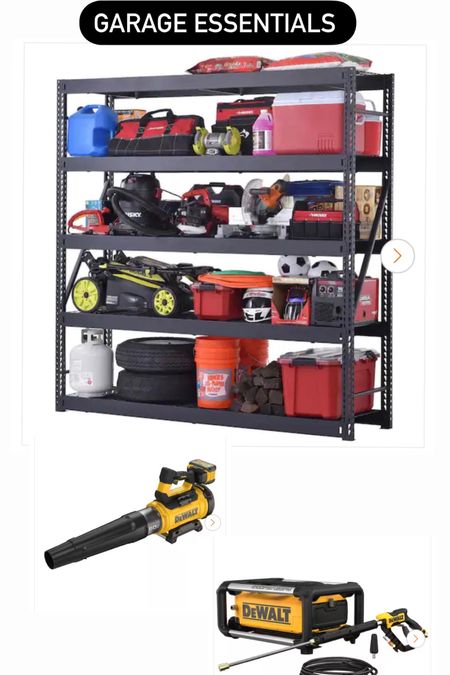Garage essentials for a new home. Commercial shelving #GarageOrganization #NewHomeTools #LeafFlower #PowerWasher .