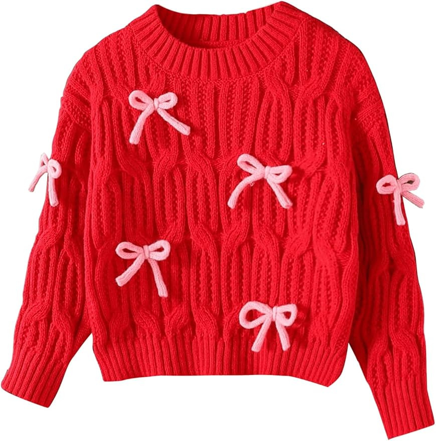 Floerns Toddler Girl's Cute 3D Bow Decor Long Sleeve Sweater Cable Knit Pullover Top | Amazon (US)