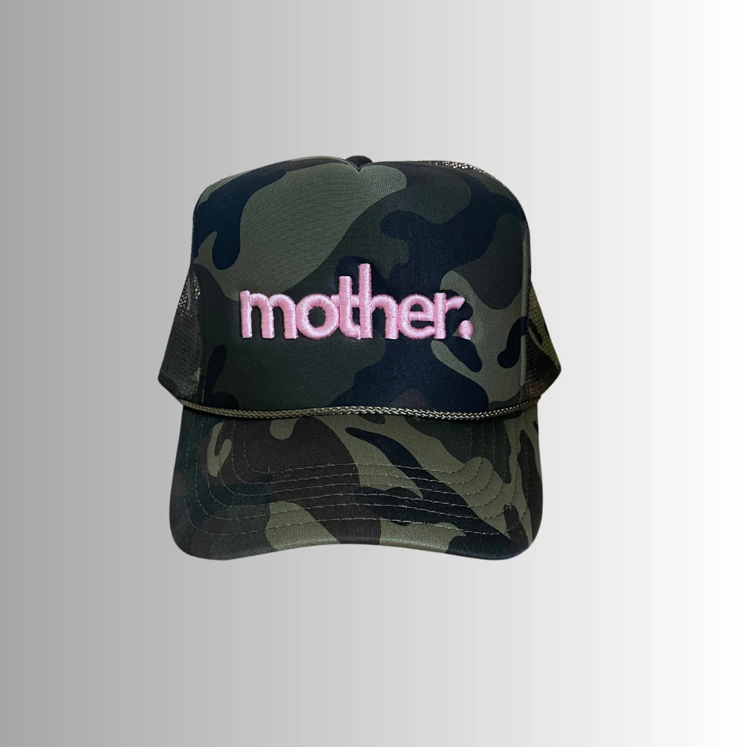 Mother Embroidered Trucker Hat -  Camo + Baby Pink | Mother Hats