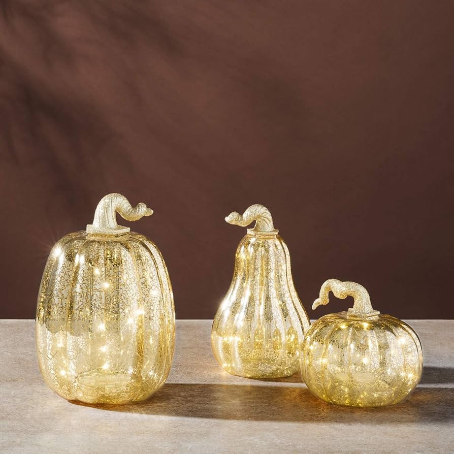 Gold Glass Pumpkins with Lights - Set of 3, Mercury Glass Style, Batteries Included, Thanksgiving... | Amazon (US)
