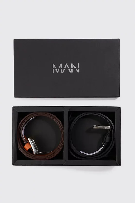 Real Leather 2 Pack Belt Gift Set | boohooMAN (DE, IE & UK)