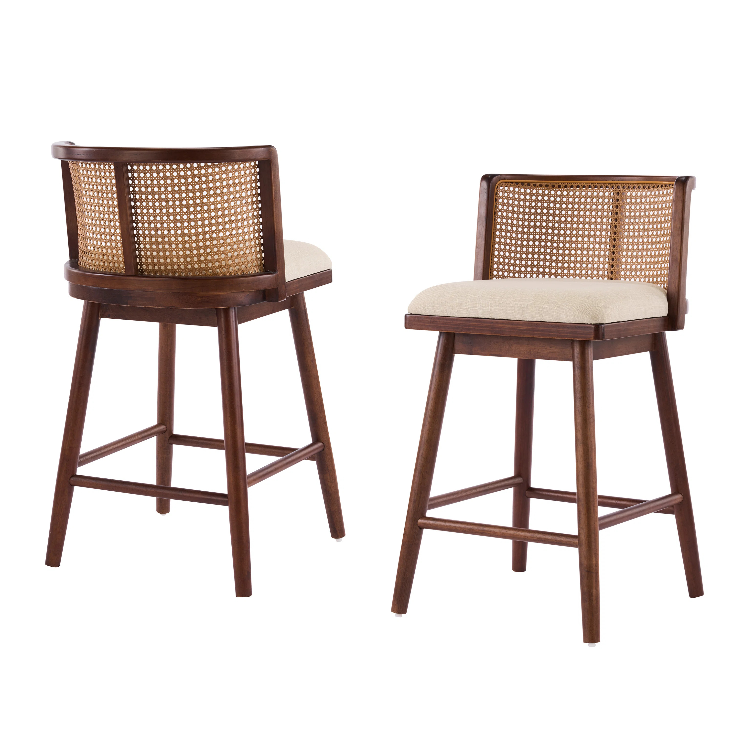 Alder Mid-Century Modern Rubberwood Counter Stool with Woven Rattan Back and Upholstered Seat (Se... | Wayfair North America