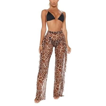 Mioliknya Women s Sexy Ruffle Sheer Mesh Swim Long Pants Bikini Bottom Cover Up Pants Clubwear Pants | Walmart (US)